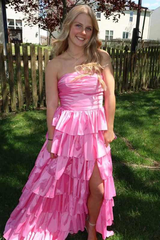 A-Line Strapless Layered Satin Pink Long Prom Dress With Slit  P851