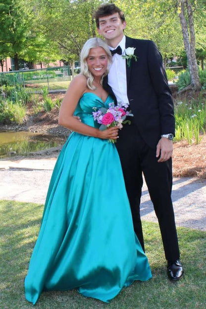 A-Line Strapless Satin Long Prom Dress Wedding Guest Dress  P2500
