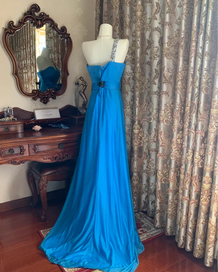 A-Line Sweetheart-Neck Beaded Blue Long Wedding Guest Dress  P737