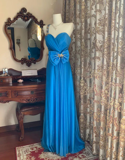 A-Line Sweetheart-Neck Beaded Blue Long Wedding Guest Dress  P737