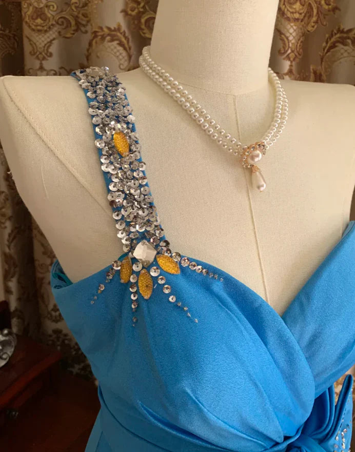 A-Line Sweetheart-Neck Beaded Blue Long Wedding Guest Dress  P737