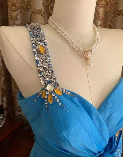 A-Line Sweetheart-Neck Beaded Blue Long Wedding Guest Dress  P737