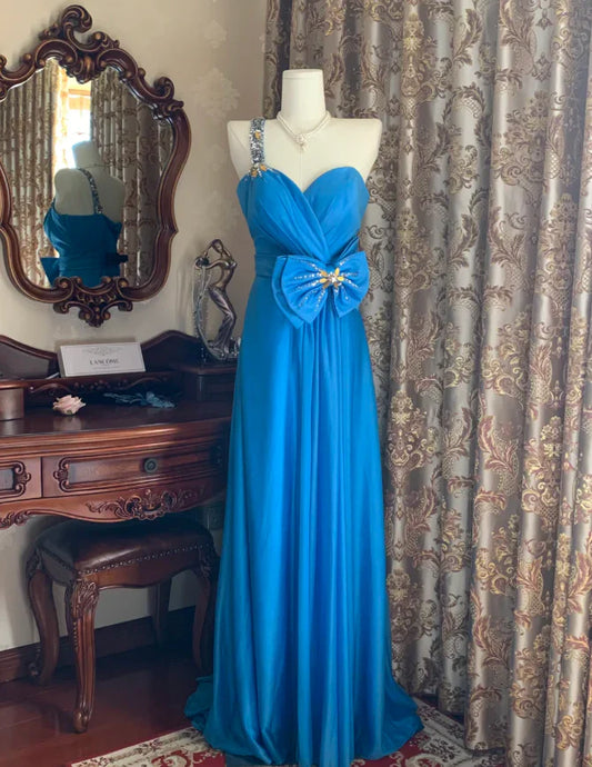 A-Line Sweetheart-Neck Beaded Blue Long Wedding Guest Dress  P737