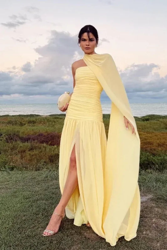 A-Line Yellow Chiffon Wedding Guest Dress Formal Party Dress  P710