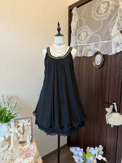 A Line Black Chiffon Homecoming Dress Pleated Party Dress   P1904