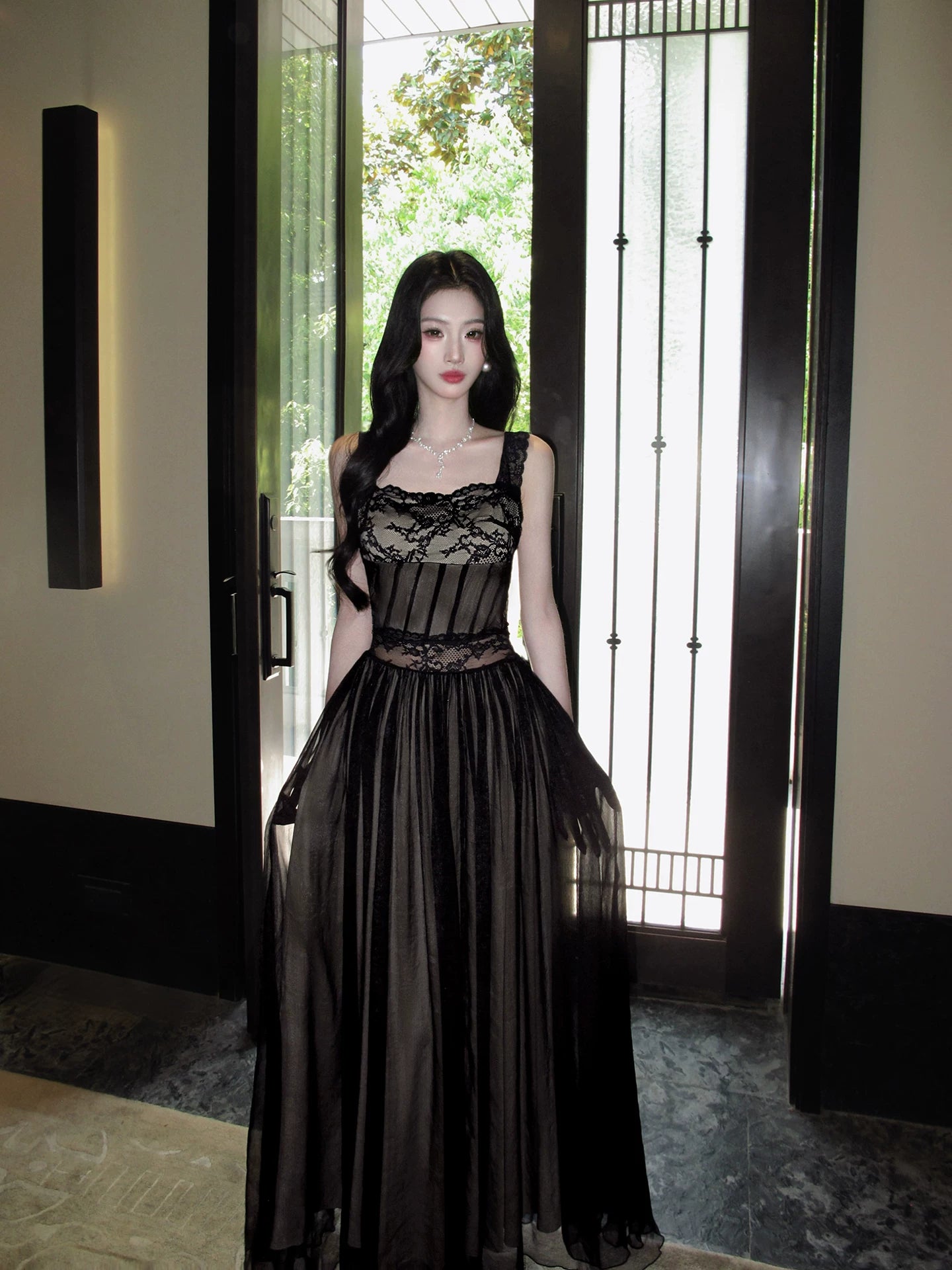 A Line Black Lace Prom Dress Open Back Birthday Dress  L153