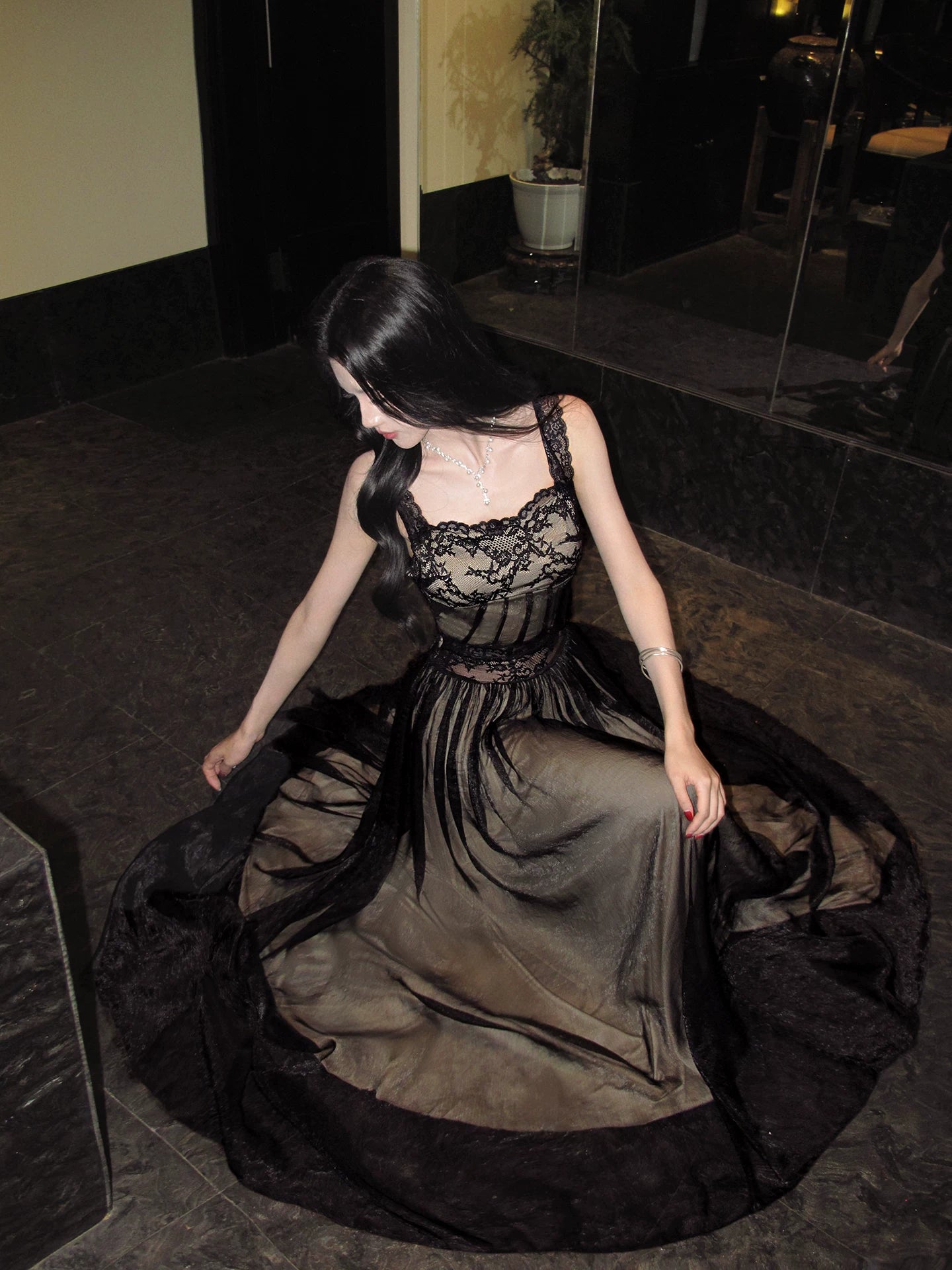 A Line Black Lace Prom Dress Open Back Birthday Dress  L153