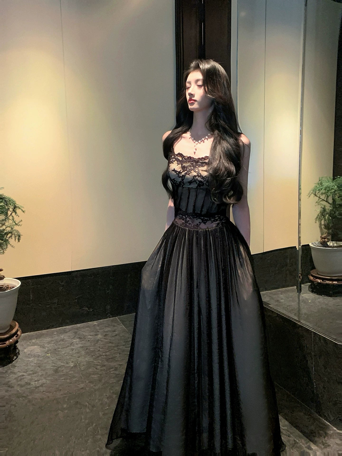A Line Black Lace Prom Dress Open Back Birthday Dress  L153