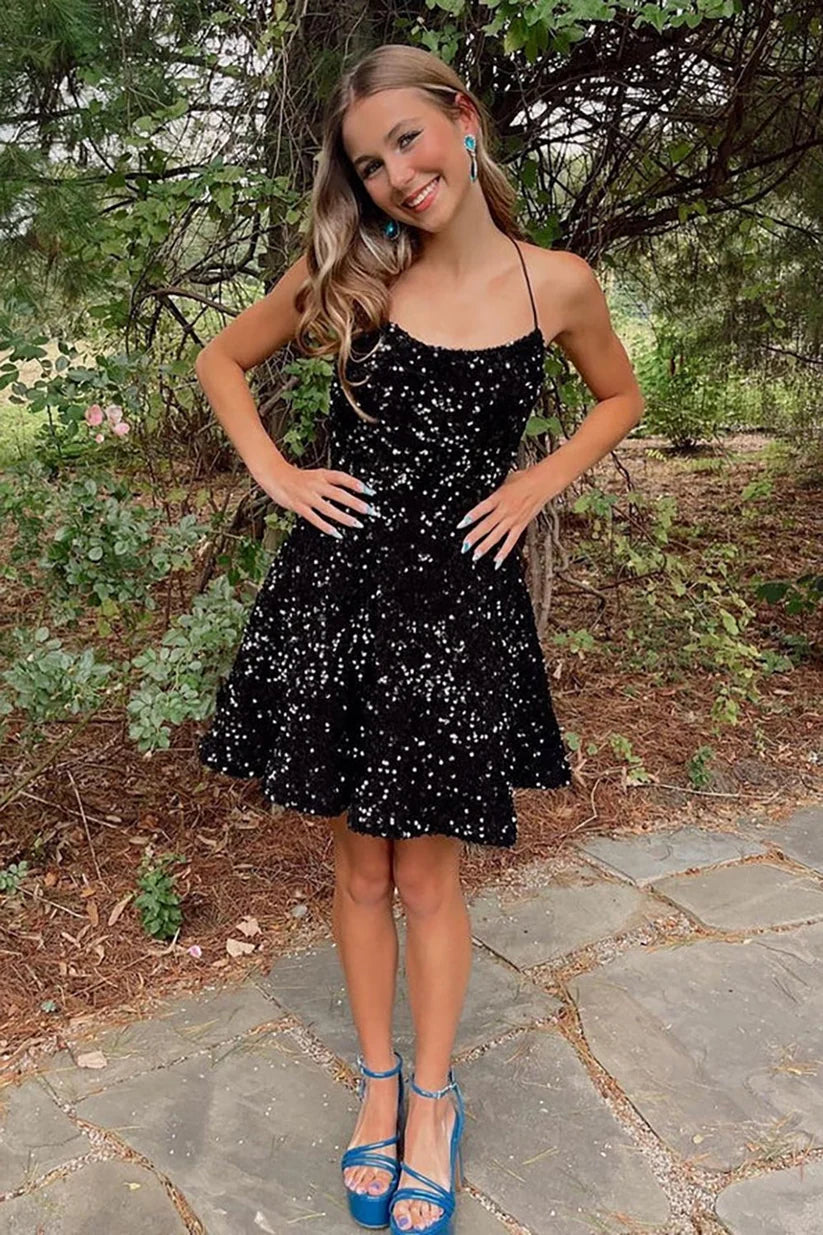 A Line Black Sequins Short Homecoming Dress  P2291