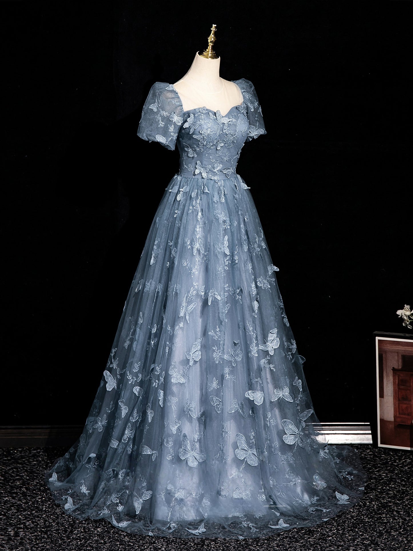 A Line Blue Prom Dress Evening Gown with Butterfly Princess Birthday Dress   P1191