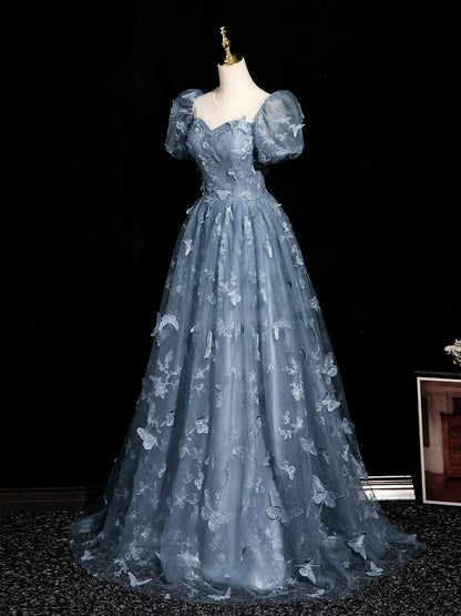 A Line Blue Prom Dress Evening Gown with Butterfly Princess Birthday Dress   P1191
