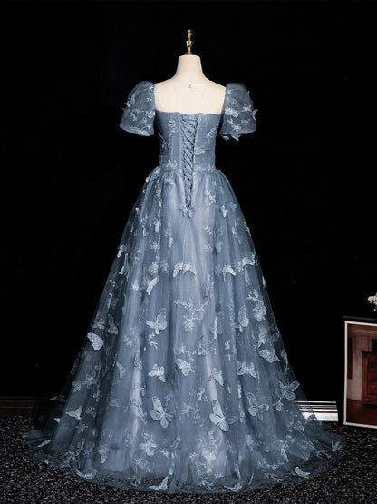 A Line Blue Prom Dress Evening Gown with Butterfly Princess Birthday Dress   P1191