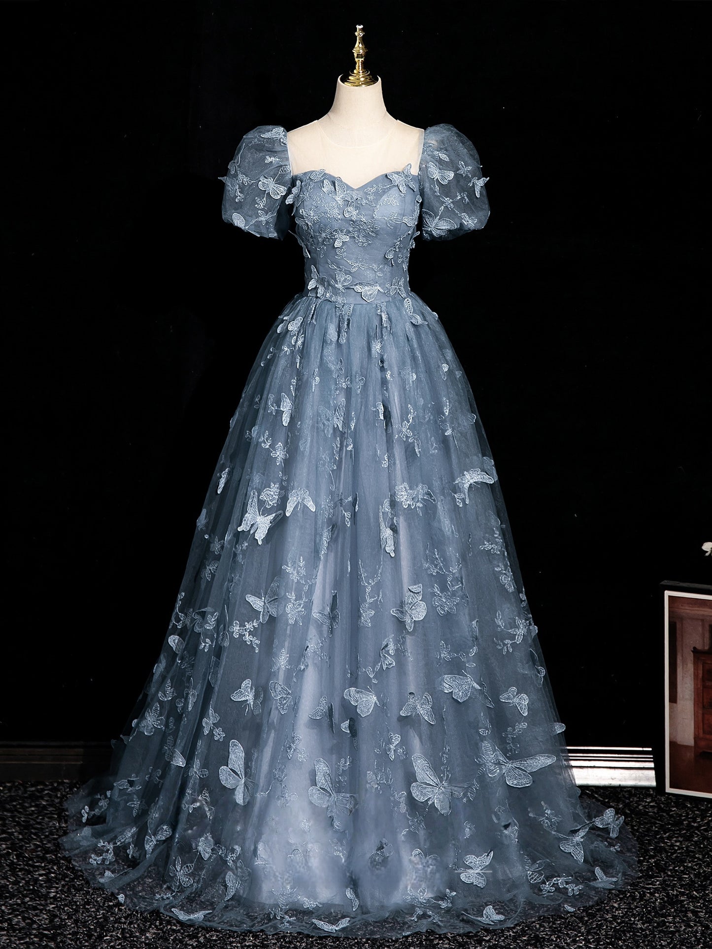A Line Blue Prom Dress Evening Gown with Butterfly Princess Birthday Dress   P1191
