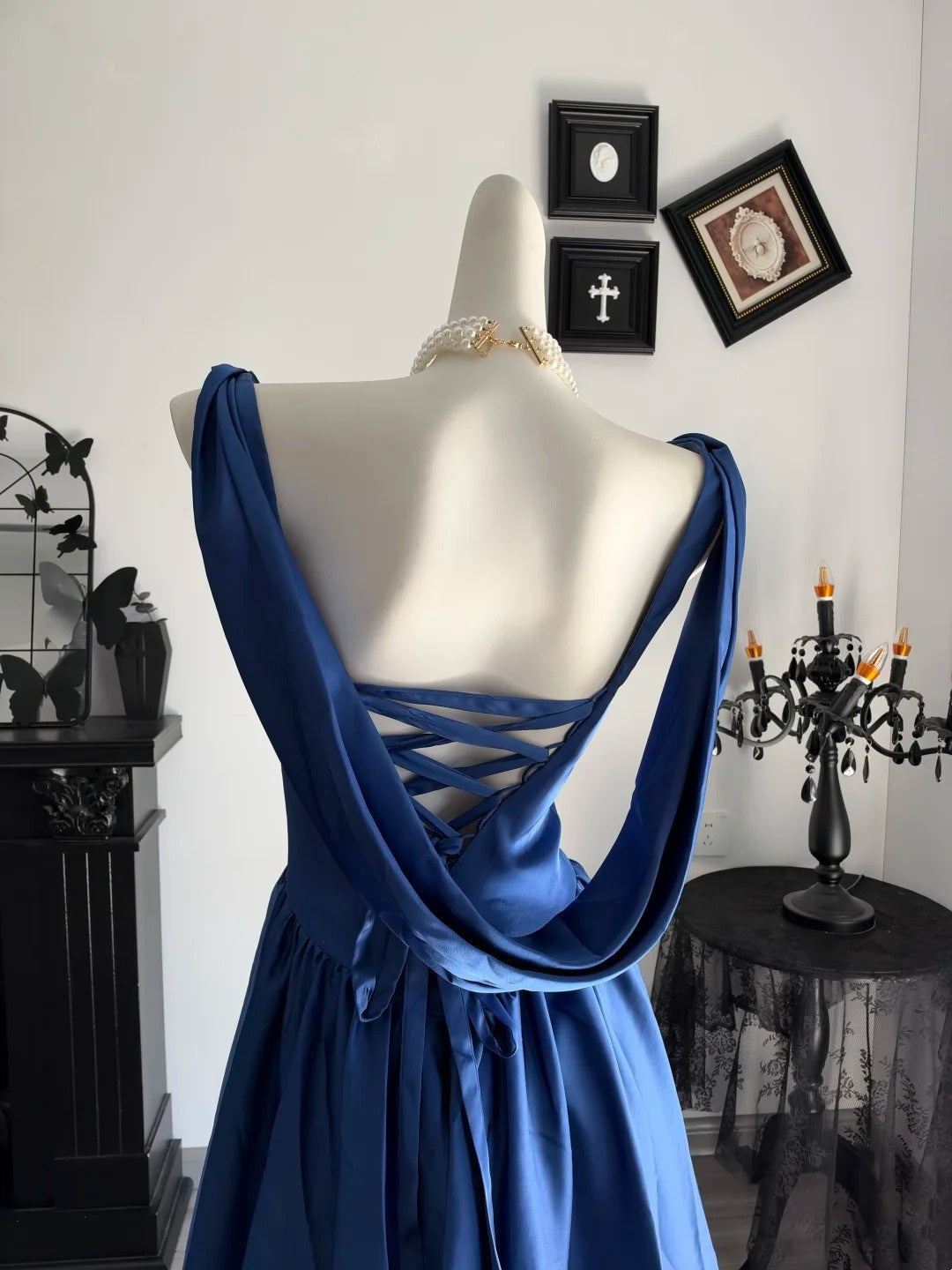 A Line Blue Satin Formal Wedding Guest Dress Elegant Evening Dress  P2696