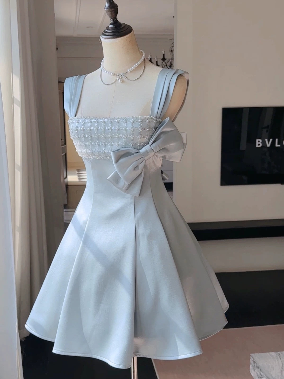 A Line Blue Satin Homecoming Dress Short Birthday Dress with Bow  L167