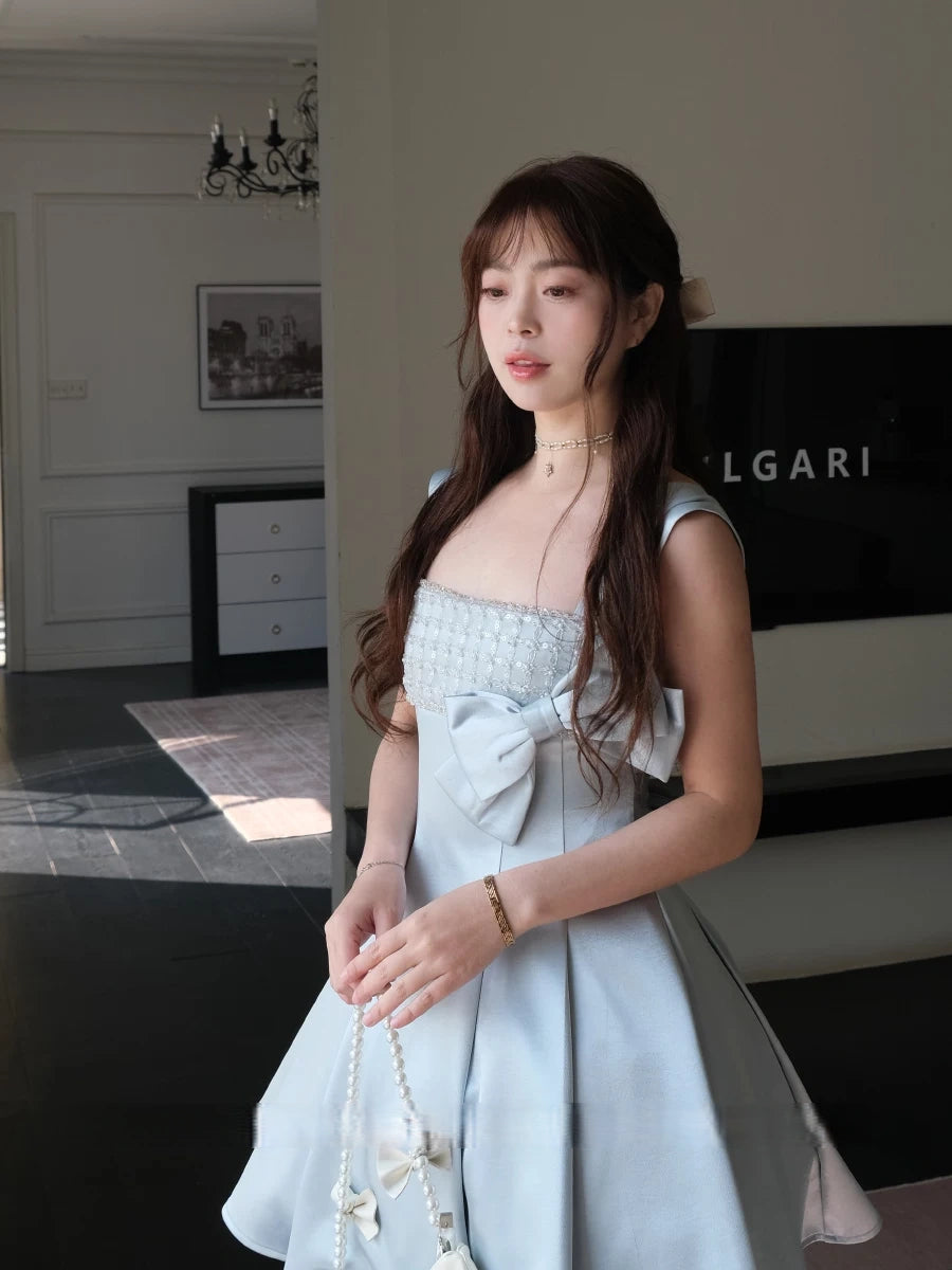 A Line Blue Satin Homecoming Dress Short Birthday Dress with Bow  L167