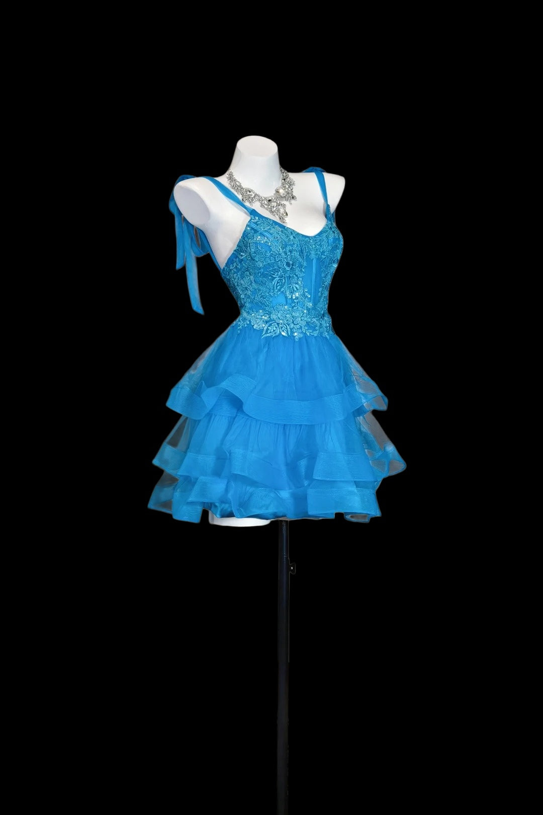 A Line Blue Tulle Homecoming Dress With Appliques  P1849