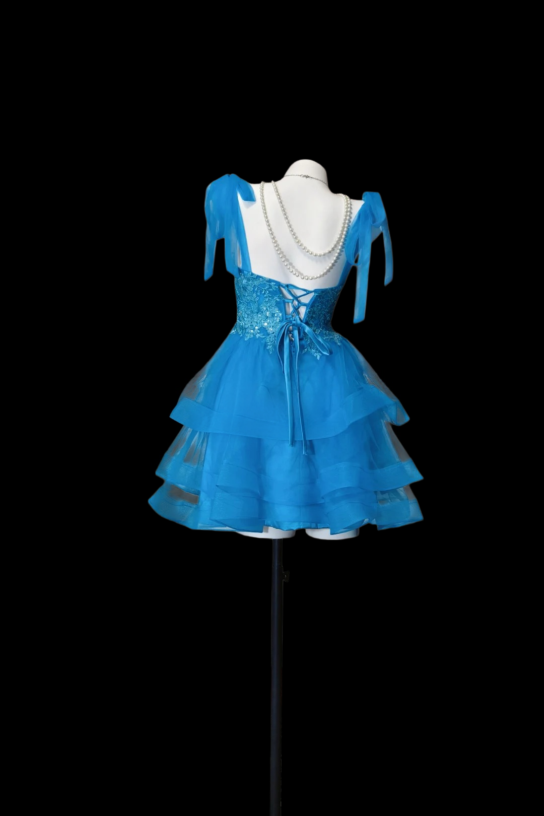 A Line Blue Tulle Homecoming Dress With Appliques  P1849