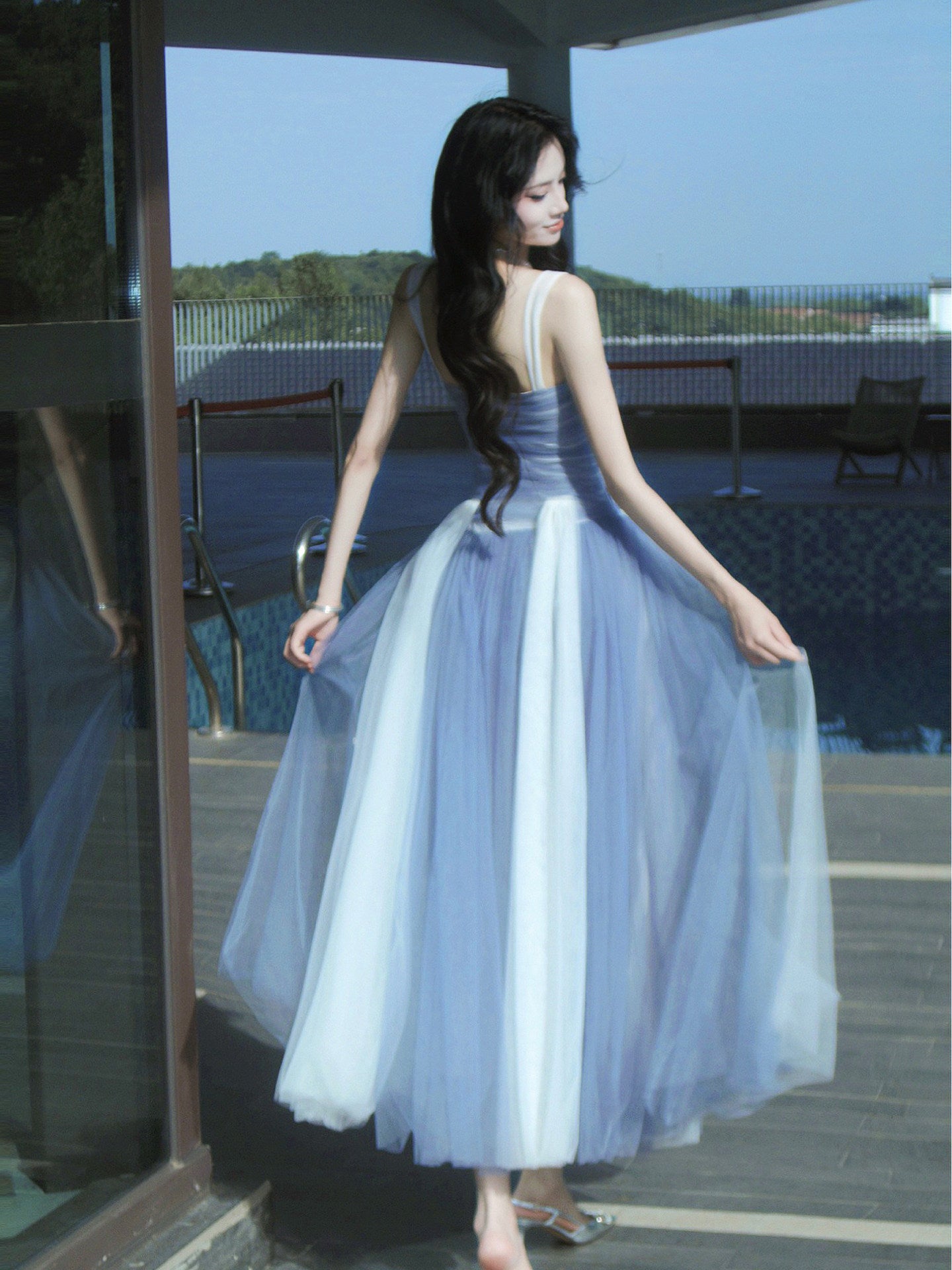 A Line Blue White Tulle  Prom Dress Ankle Length Party Dress  P759