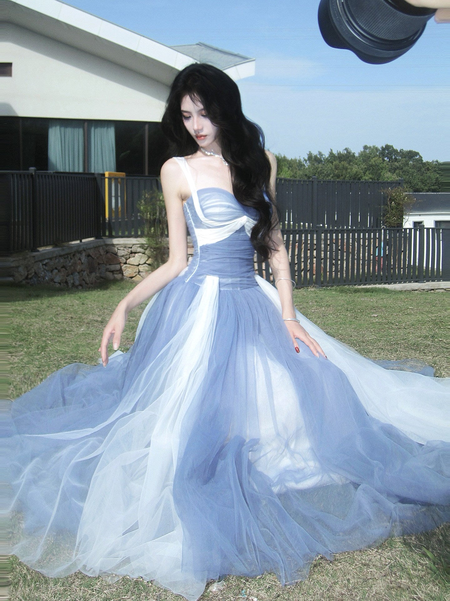 A Line Blue White Tulle  Prom Dress Ankle Length Party Dress  P759