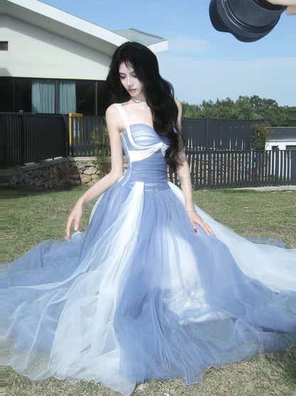A Line Blue White Tulle  Prom Dress Ankle Length Party Dress  P759