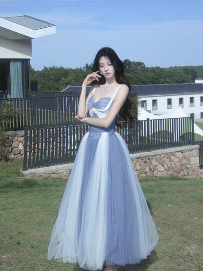A Line Blue White Tulle  Prom Dress Ankle Length Party Dress  P759