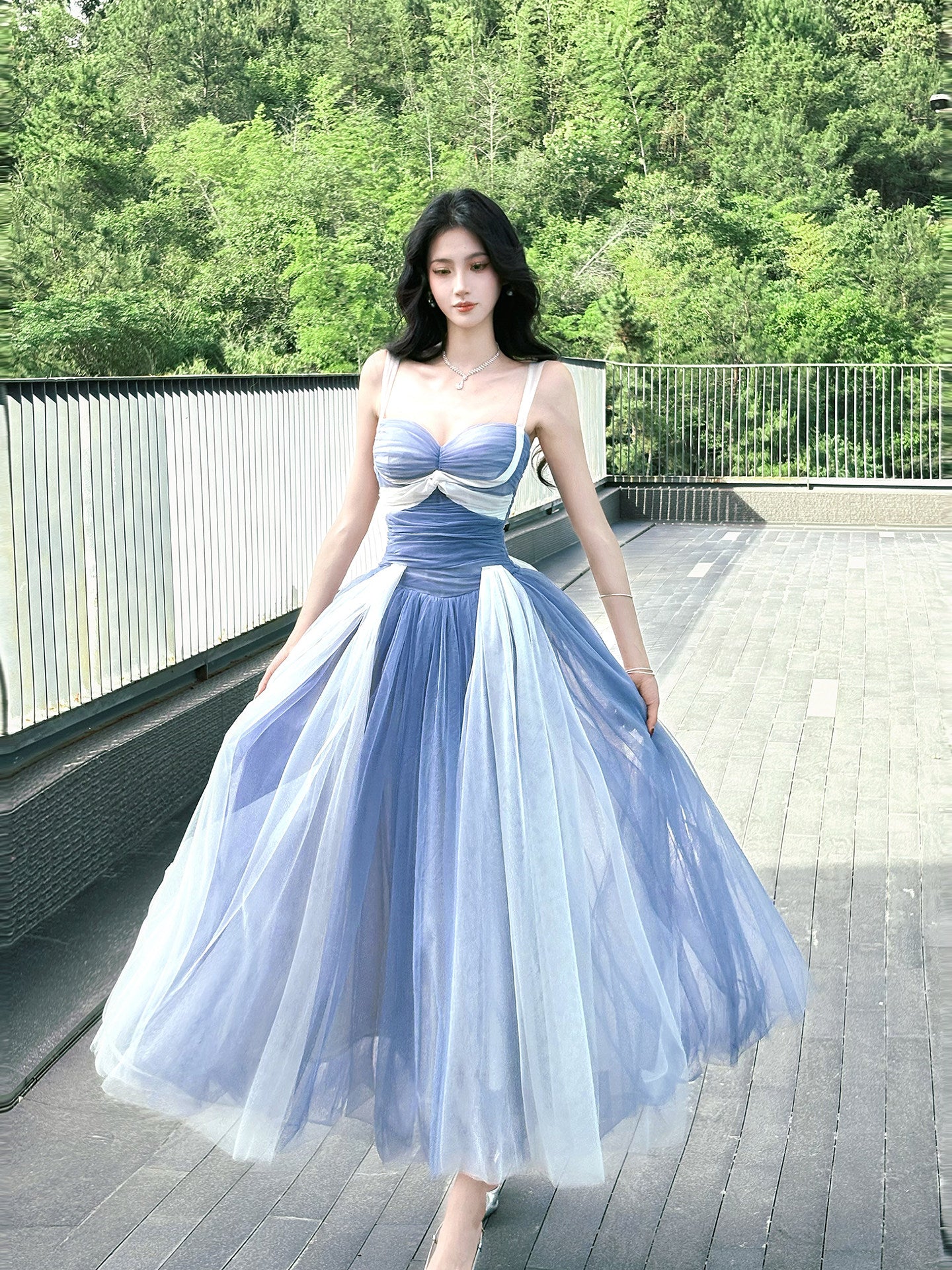 A Line Blue White Tulle  Prom Dress Ankle Length Party Dress  P759