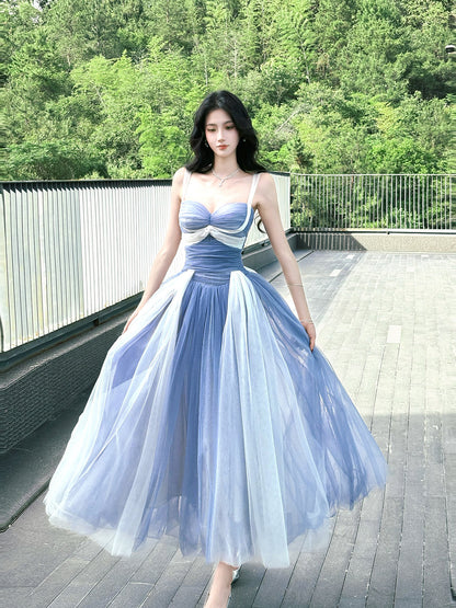 A Line Blue White Tulle  Prom Dress Ankle Length Party Dress  P759