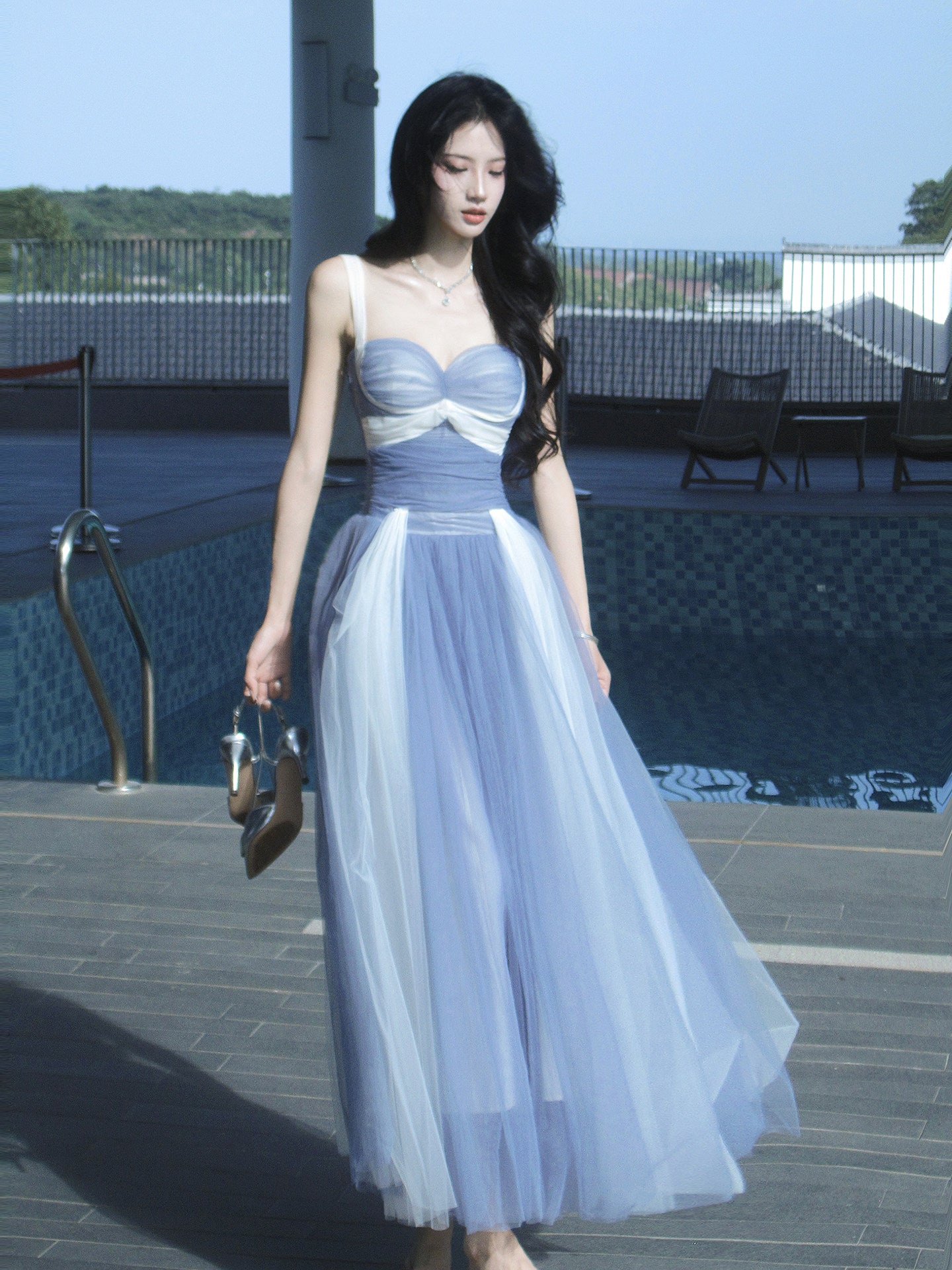 A Line Blue White Tulle  Prom Dress Ankle Length Party Dress  P759