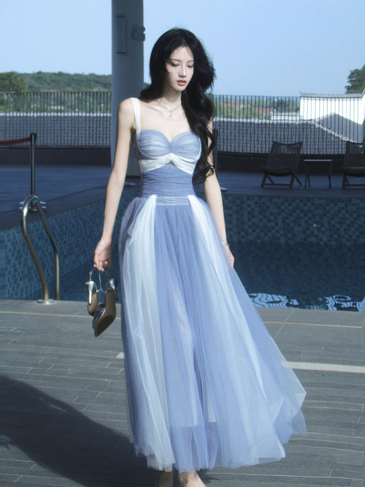 A Line Blue White Tulle  Prom Dress Ankle Length Party Dress  P759