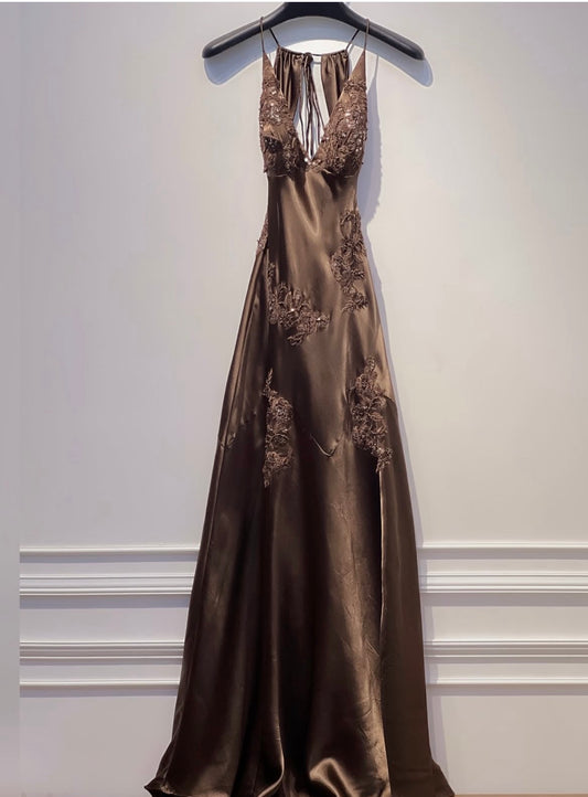 A Line Brown Satin Prom Dress Formal Evening Dress  P896