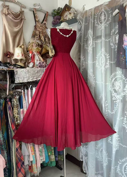 A Line Red Chiffon Formal Prom Dress Sleeveless Evening Gown   P2082