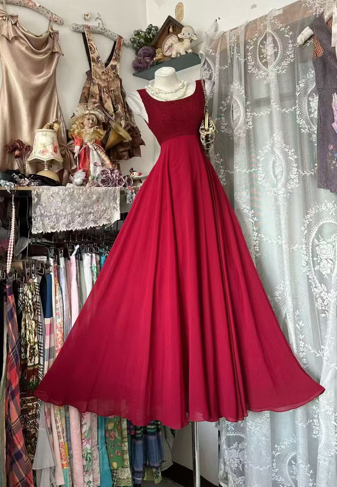 A Line Red Chiffon Formal Prom Dress Sleeveless Evening Gown   P2082