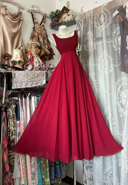 A Line Red Chiffon Formal Prom Dress Sleeveless Evening Gown   P2082