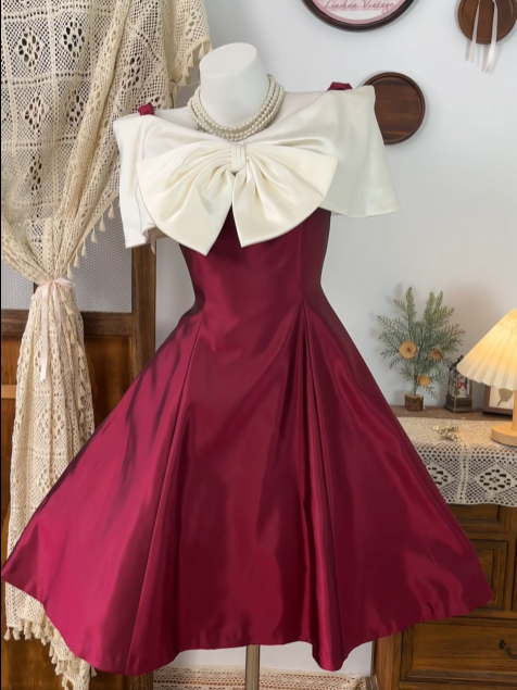 A Line Burgundy Satin Birthday Dress Bow Homecoming Dress  P1481