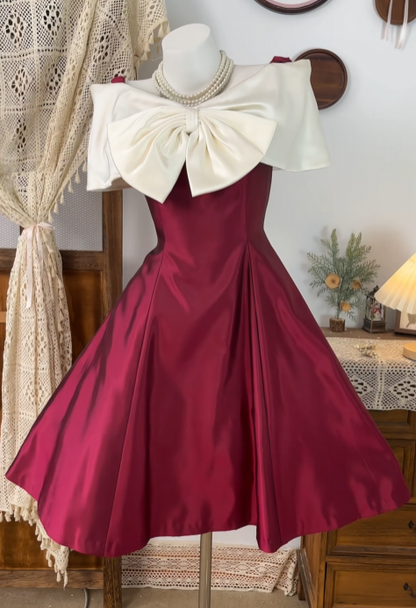 A Line Burgundy Satin Birthday Dress Bow Homecoming Dress  P1481