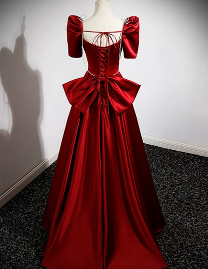 A Line  Burgundy Satin Birthday Dress Cute Prom Dress for Teens  P1254