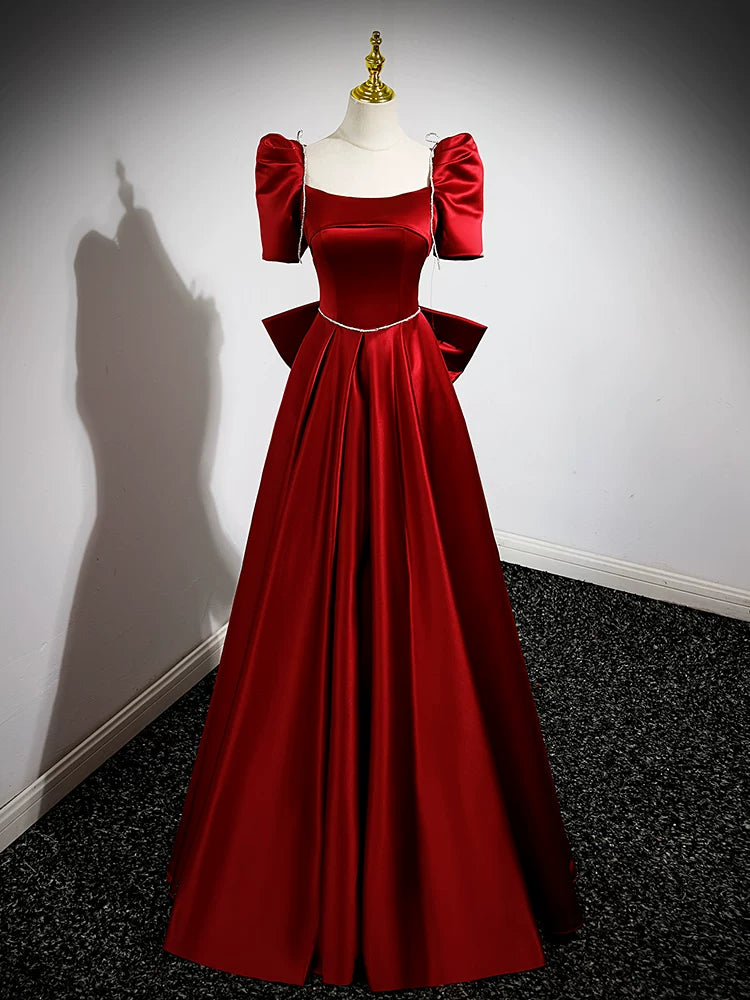 A Line  Burgundy Satin Birthday Dress Cute Prom Dress for Teens  P1254