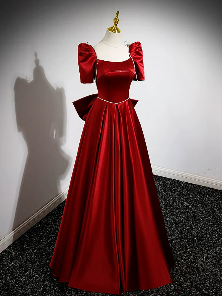 A Line  Burgundy Satin Birthday Dress Cute Prom Dress for Teens  P1254