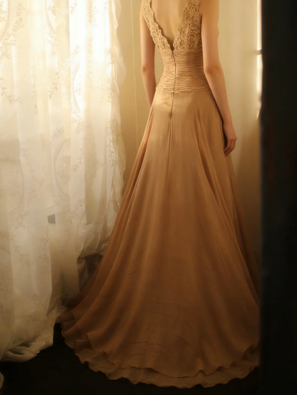 A Line Chiffon V Back Wedding Guest Dress Formal Wedding Guest Dress With Appliques  P687