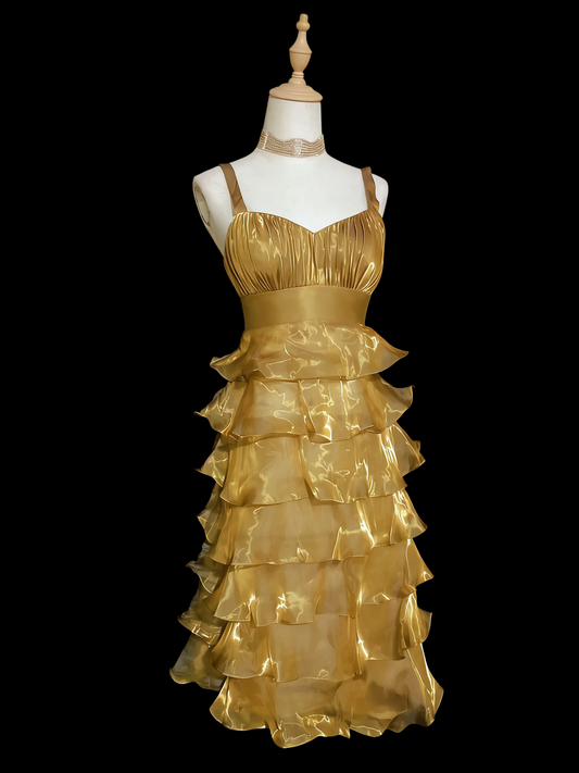 A Line Gold Layered Organza Prom Dress Birthday Dress  P920