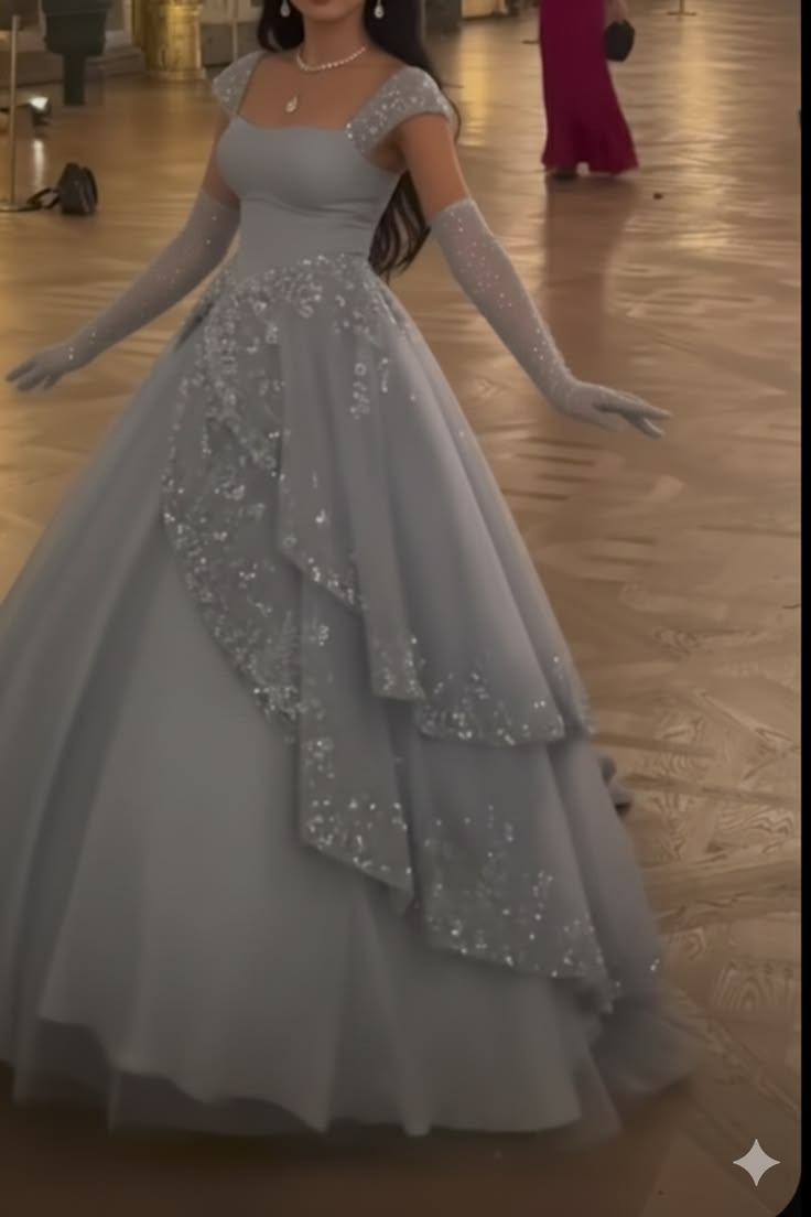 A Line Gray Blue Long Prom Dress Princess Birthday Party Dress  P1074