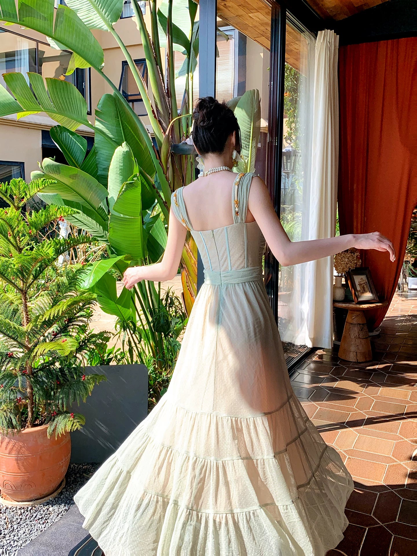 A Line Green Tulle Prom Dress Beaded Wedding Guest Dress   P1283