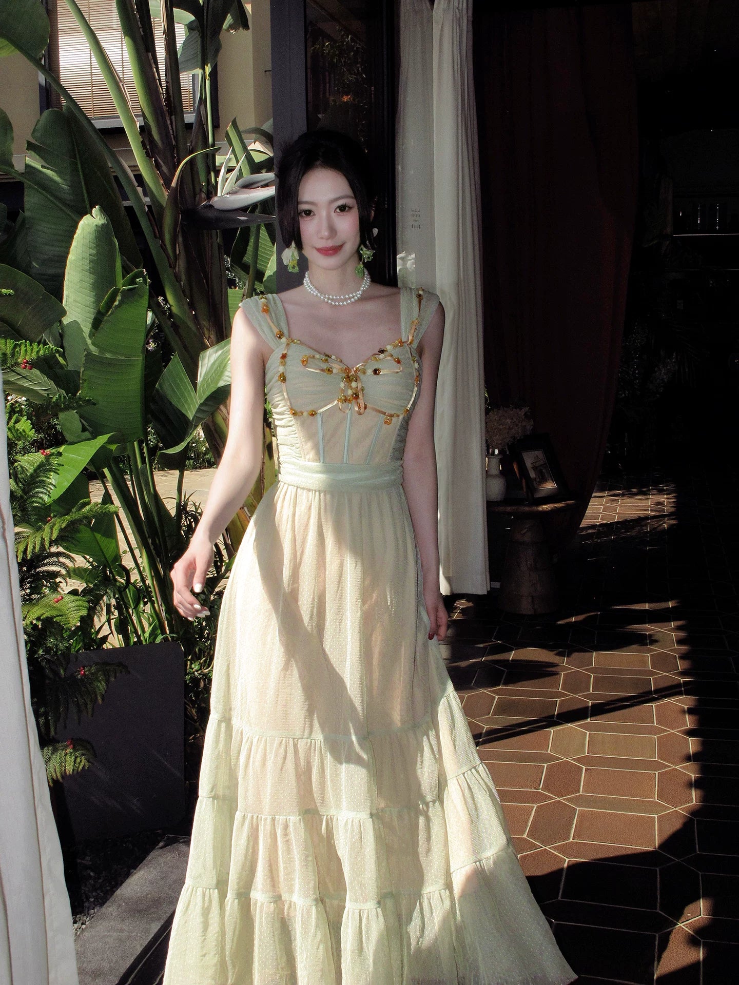 A Line Green Tulle Prom Dress Beaded Wedding Guest Dress   P1283