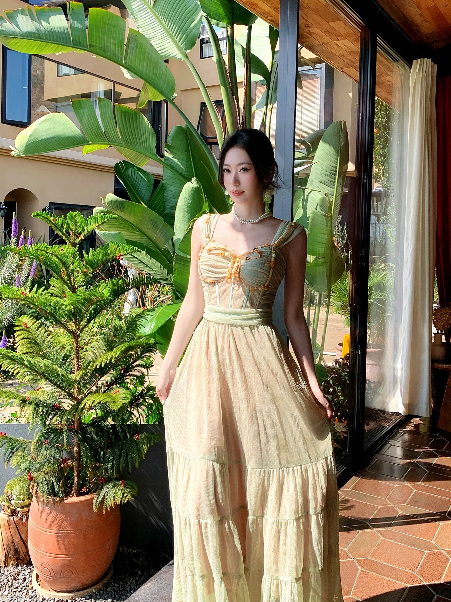 A Line Green Tulle Prom Dress Beaded Wedding Guest Dress   P1283