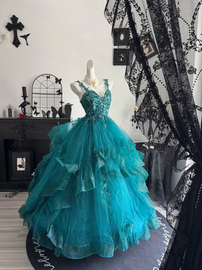 A Line Teal Tulle Sweet 16 Birthday Dress A Line Formal Prom Dress  P1910
