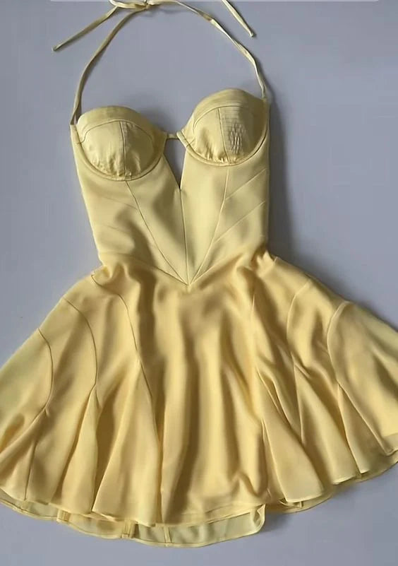A Line Halter Yellow Homecoming Dresses Mini Birthday Dress  P2361