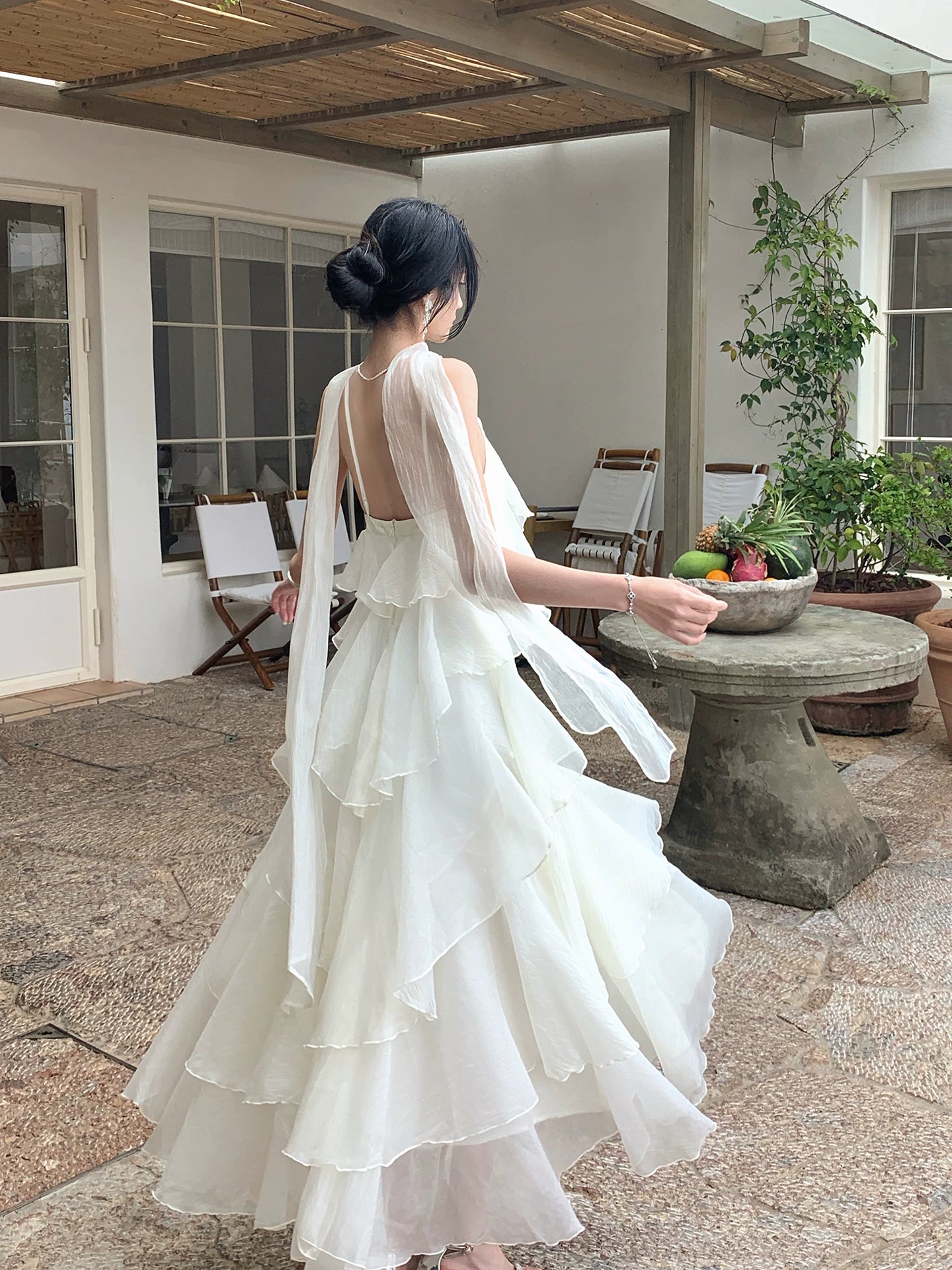 A Line Ivory Layered Wedding Dress Chiffon Holiday Dress  P1306