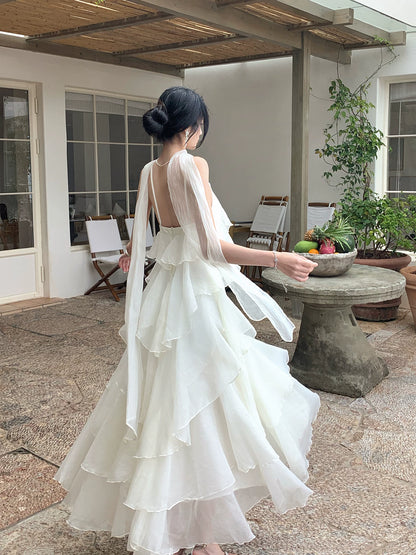 A Line Ivory Layered Wedding Dress Chiffon Holiday Dress  P1306