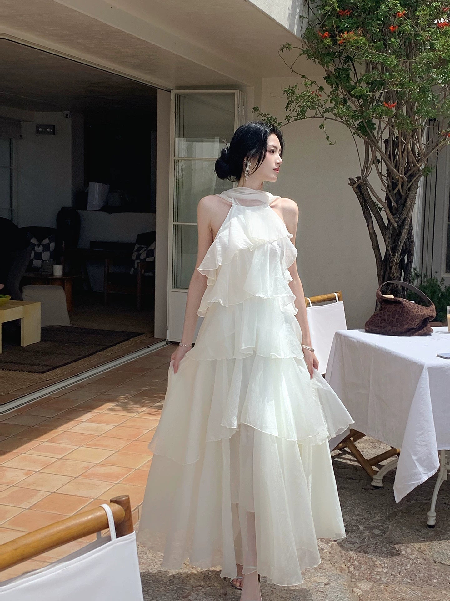 A Line Ivory Layered Wedding Dress Chiffon Holiday Dress  P1306